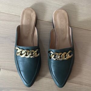 Bueno Green and Gold Mules with Chain Detail